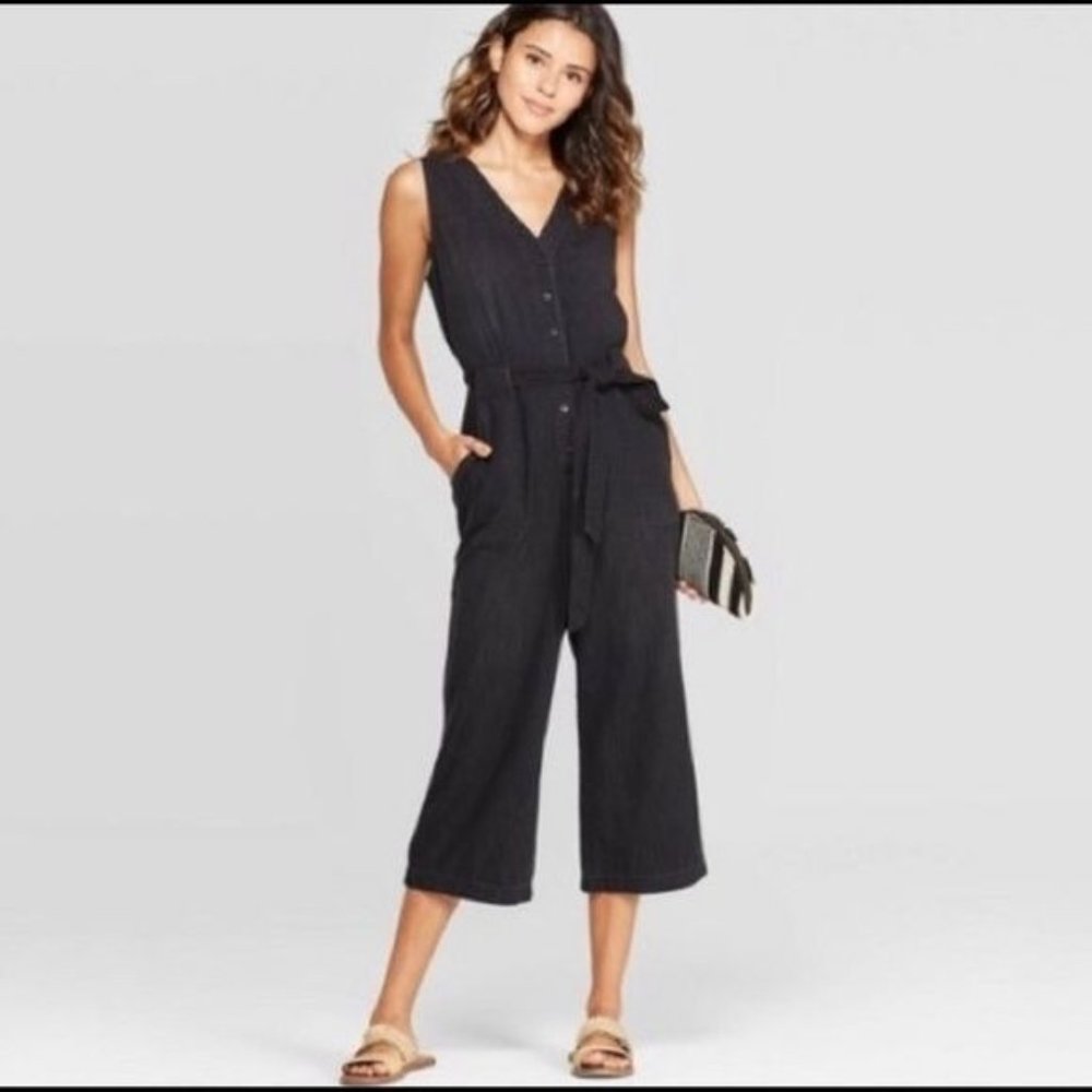 Universal Thread Black Denim Sleeveless Wide Leg Jumpsuit Romper XS